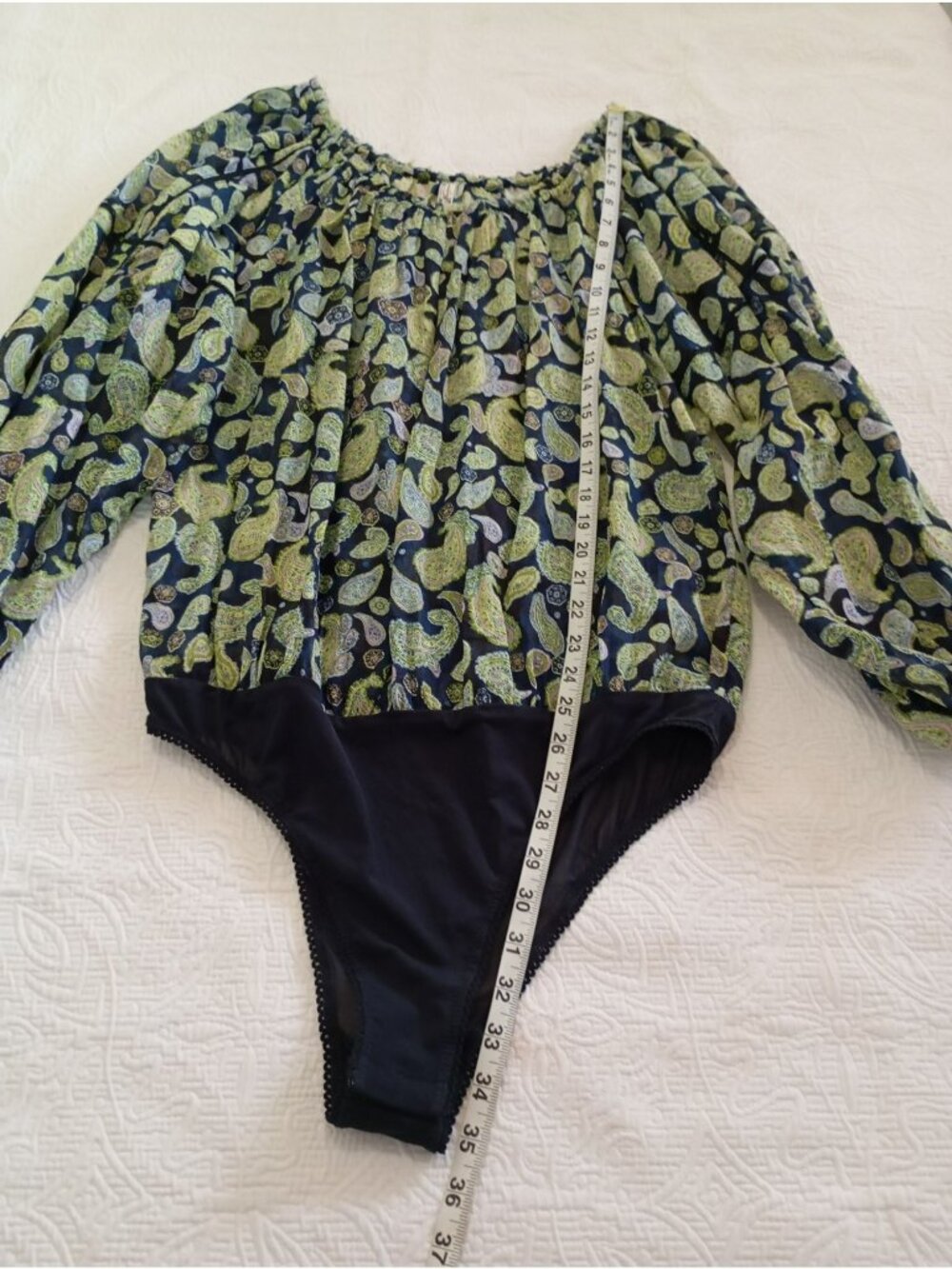 Free People Paisley Print Bodysuit Long Sleeves & Drawstring Cuffs XL Navy Green - Picture 11 of 13